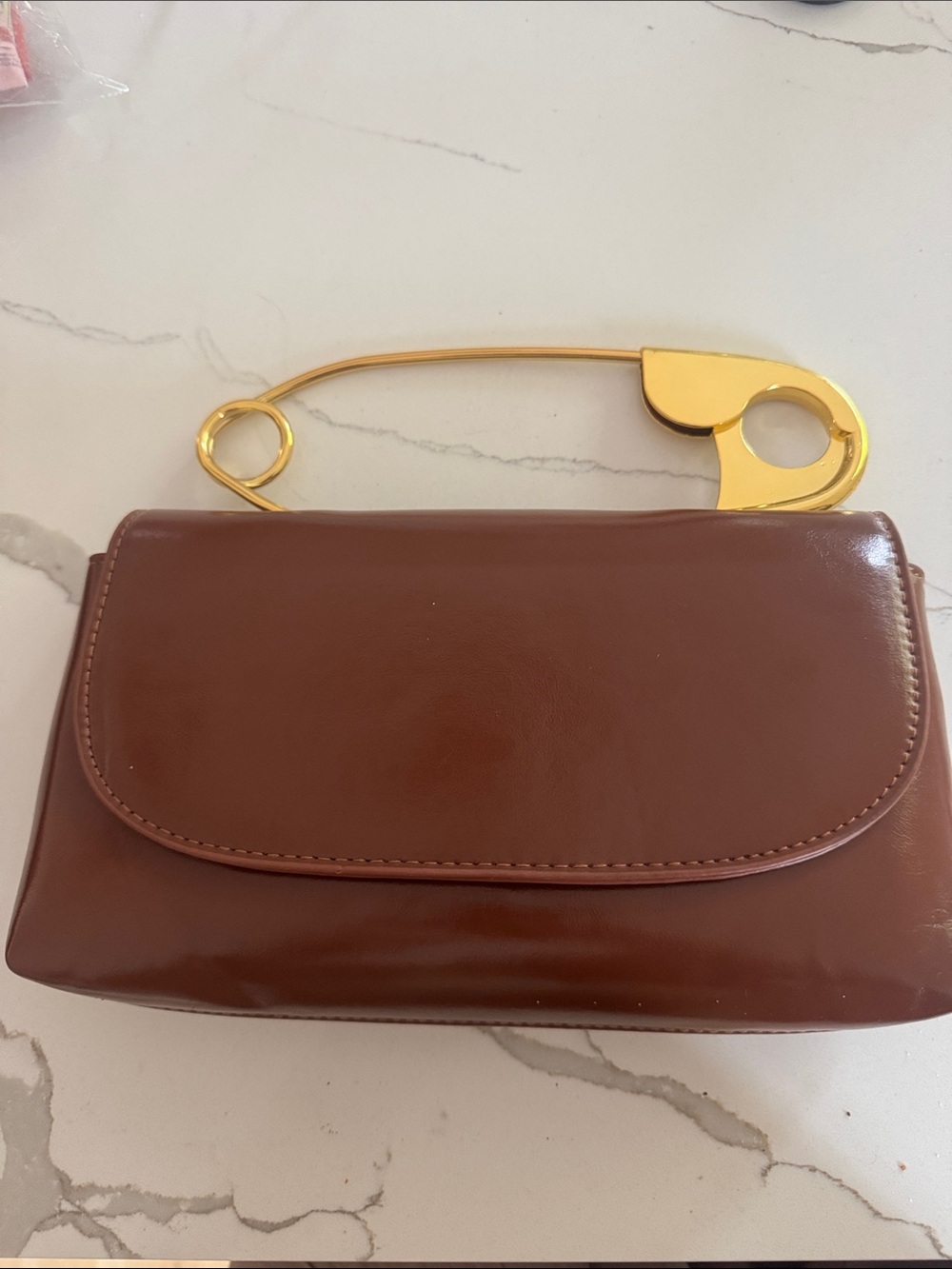 Brown Leather Clutch with Gold Safety-Pin Handle